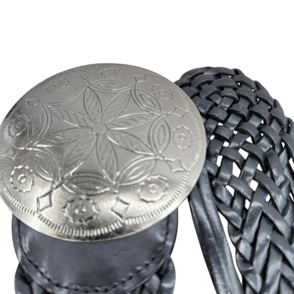 New York and Co Wide Braided Belt Womens L Black Oversized Silver Buckle Leather - Picture 8 of 11